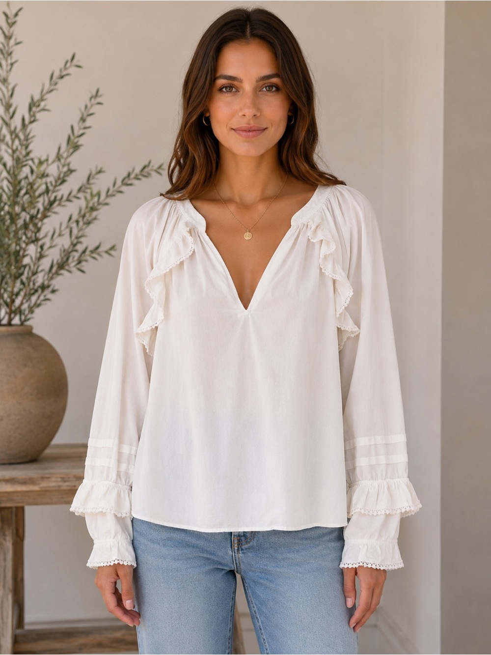 J.Crew White Ruffle Trim Peasant Blouse
